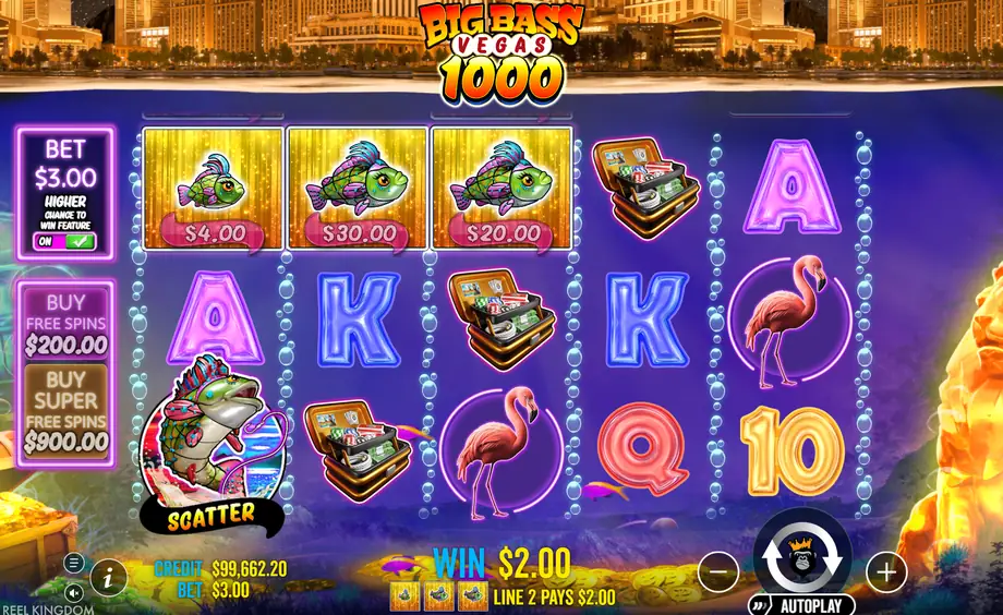 Big Bass Vegas 1000 con Ante Bet activado, apuesta de 3.00 y botones de compra desactivados