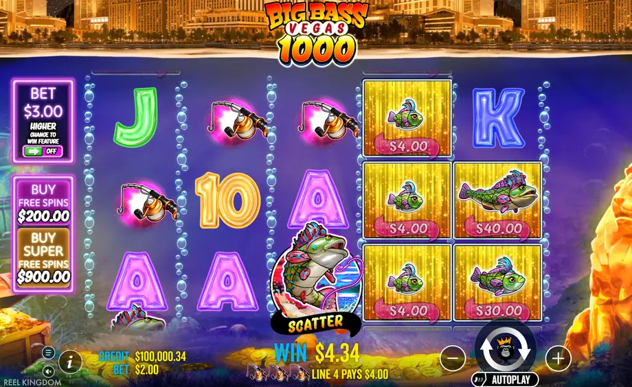 Big Bass Vegas 1000 en el juego base con tres cañas en la línea 4 y peces de dinero a la derecha