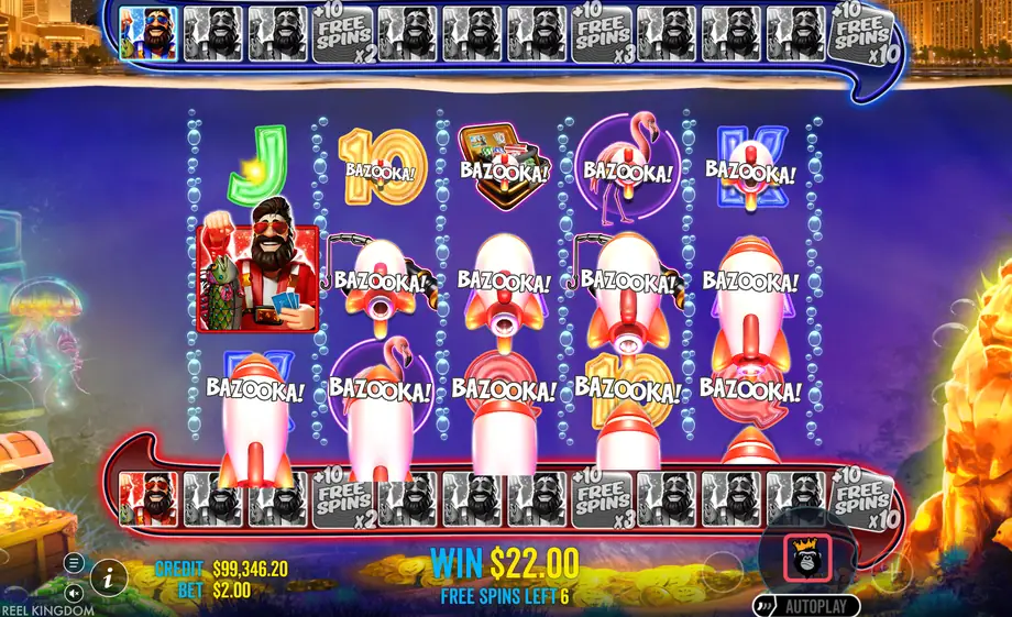 Big Bass Vegas 1000 función bazuca con cohetes sobre los rodillos y un pescador rojo fijo