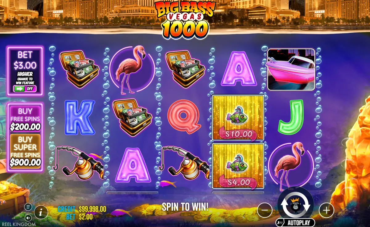 Big Bass Vegas 1000 pantalla de juego con rodillos 5x3 bajo el agua y hoteles de Las Vegas