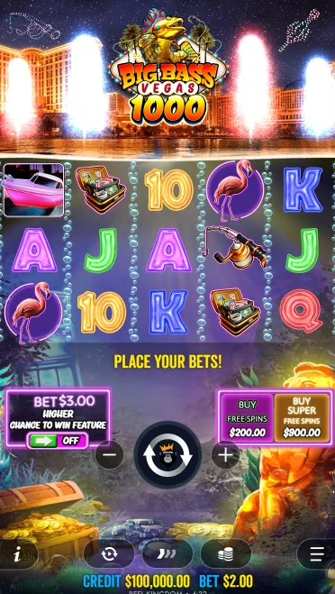 Big Bass Vegas 1000 en móvil vertical con botones de Ante Bet y compra de giros gratis