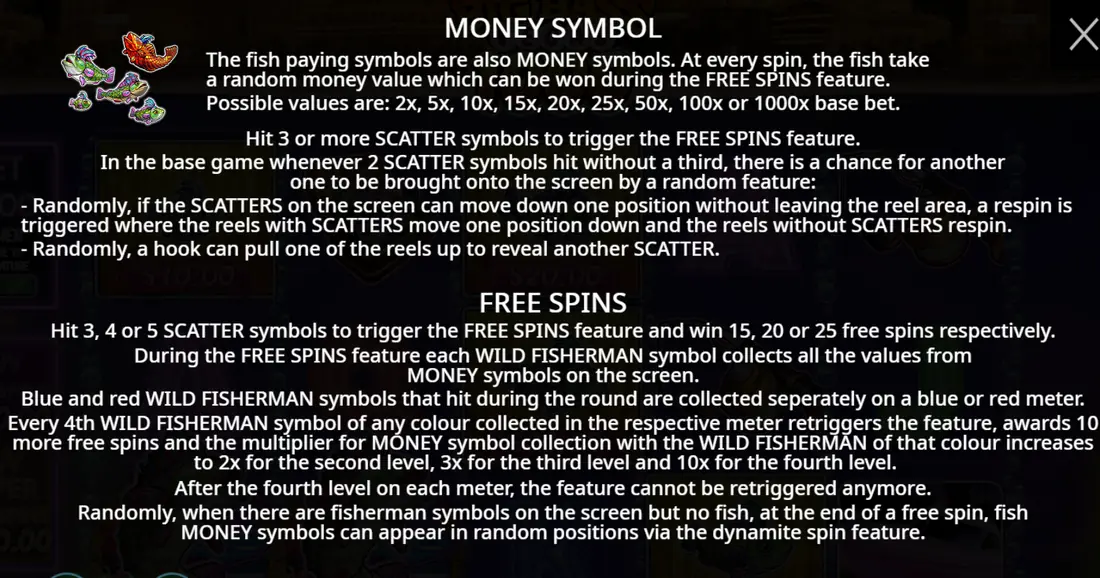 Big Bass Vegas 1000 reglas del símbolo de dinero y de los giros gratis en la pantalla de ayuda