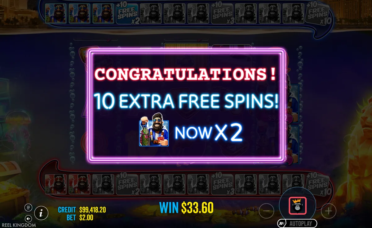 Big Bass Vegas 1000 aviso de 10 giros gratis extra y pescador azul con multiplicador x2