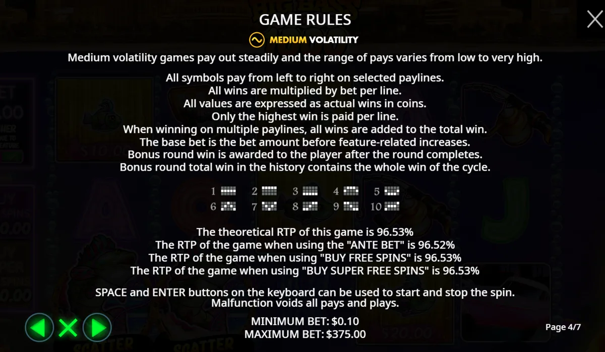 Big Bass Vegas 1000 reglas con volatilidad media, RTP teórico de 96.53% y apuesta de 0.10 a 375.00