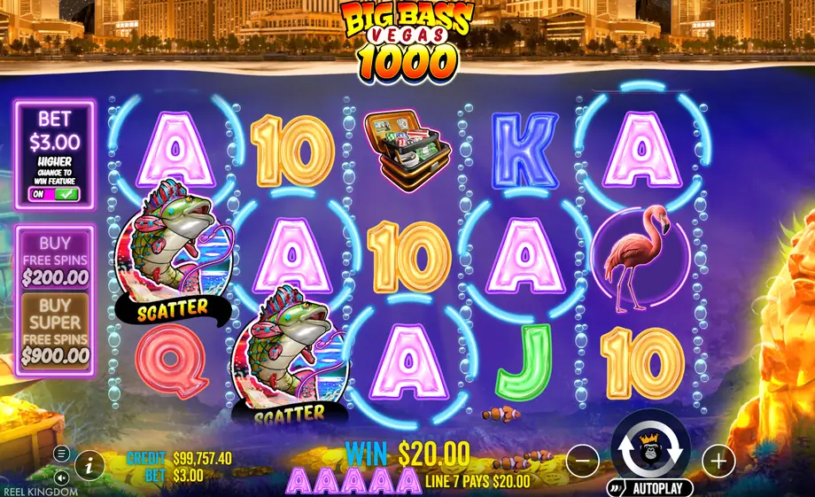 Big Bass Vegas 1000 con dos scatters de lobina y cinco letras A pagando 20.00 en la línea 7